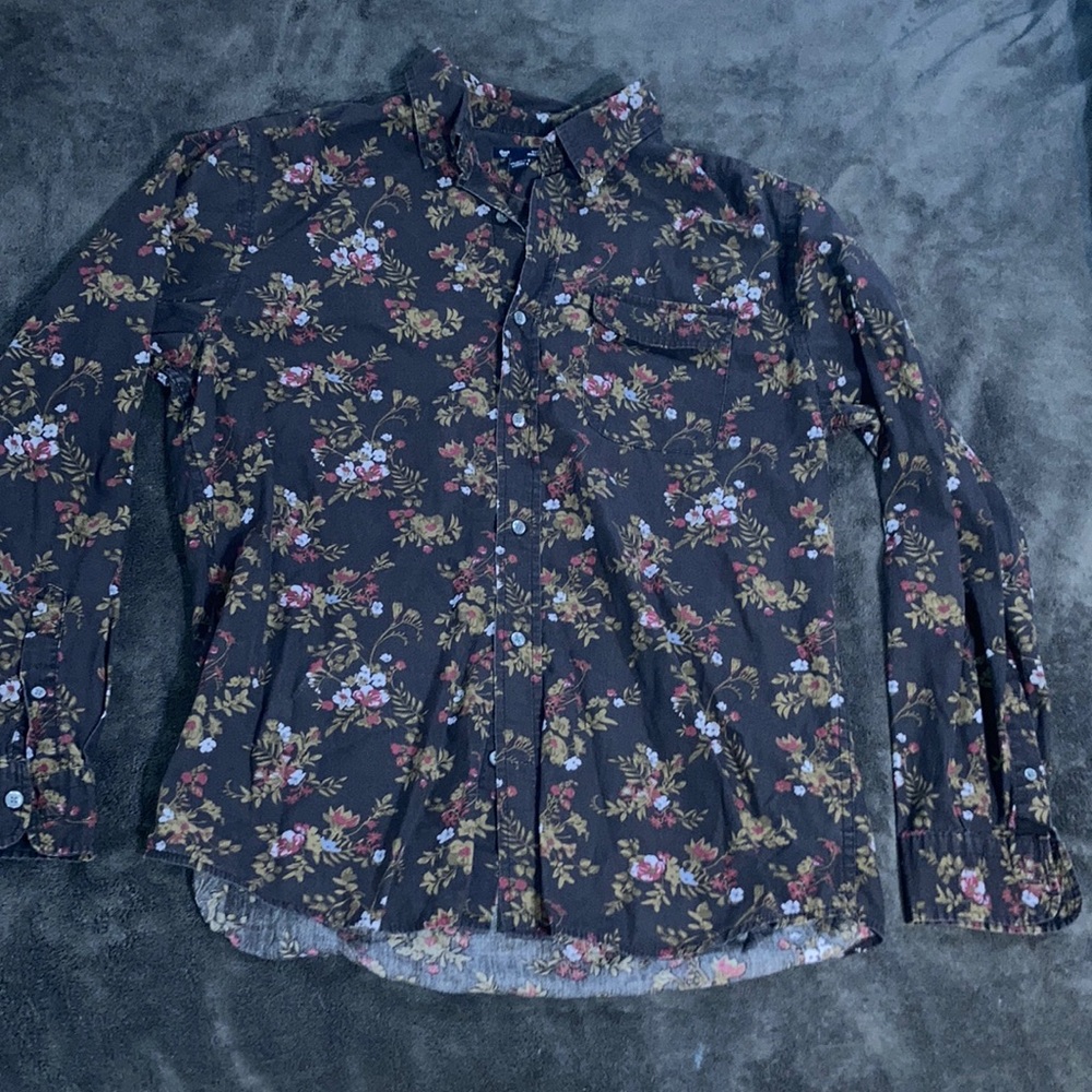 Gap dark brown floral design long sleeve button down slim fit Men’s large